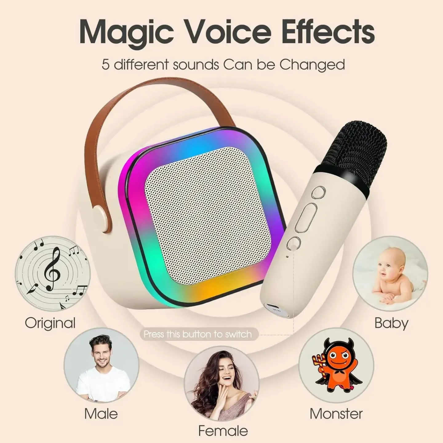 Karaoké Bluetooth avec 2 microphones sans fil et LED pour enfants et adultes, cadeau d'anniversaire.