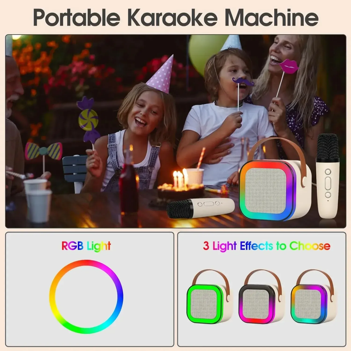 Karaoké Bluetooth avec 2 microphones sans fil et LED pour enfants et adultes, cadeau d'anniversaire.