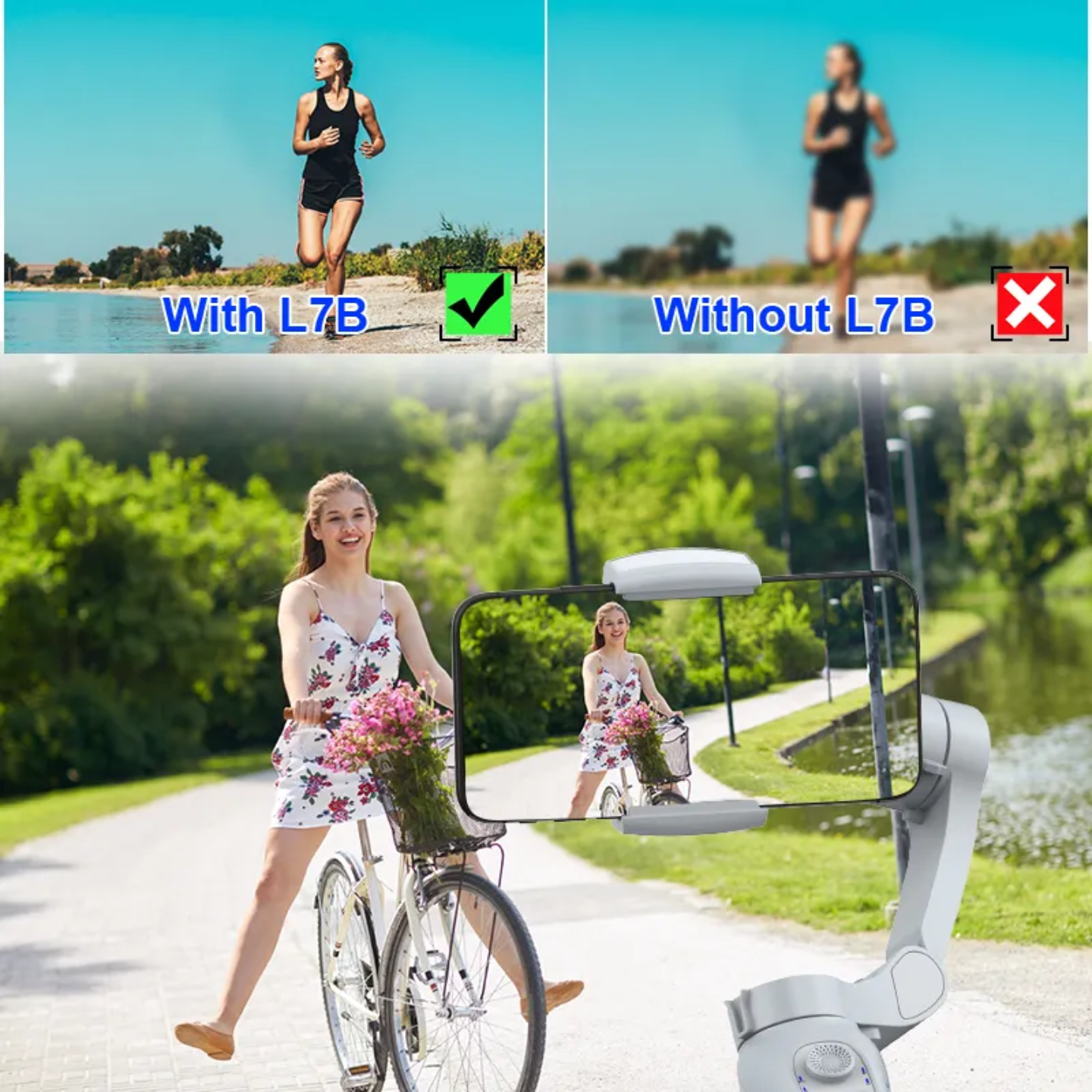 Stabilisateur L7B Pro Plus + pour iPhone, Android, Suivi de mouvement, Éclairage, à 3 axes, Barre d’extension et trépied intégrés