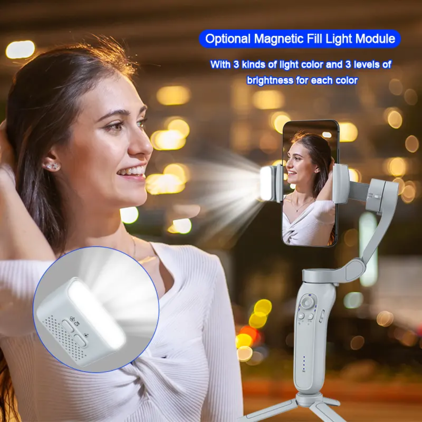 Stabilisateur L7B Pro Plus + pour iPhone, Android, Suivi de mouvement, Éclairage, à 3 axes, Barre d’extension et trépied intégrés