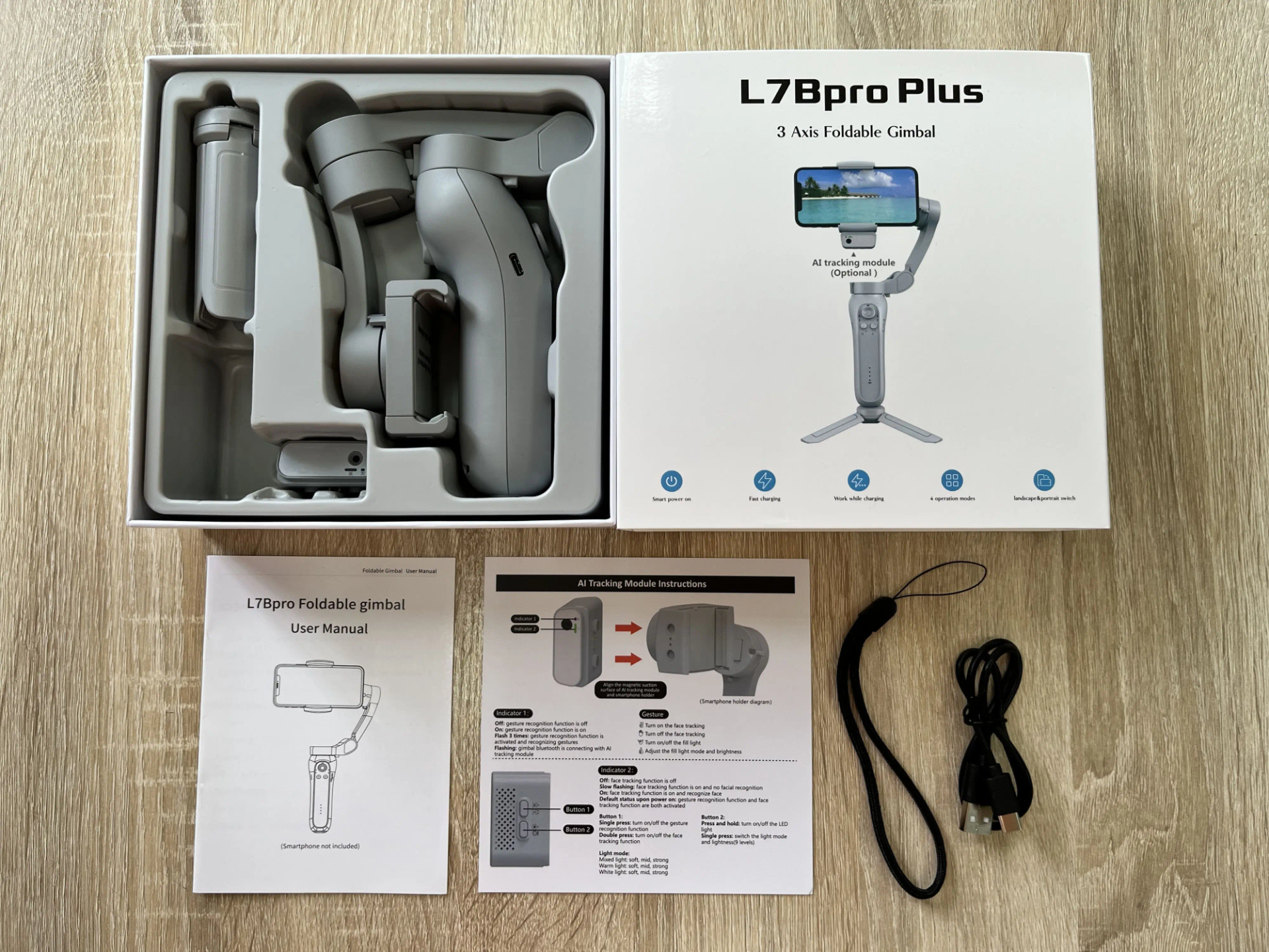 Stabilisateur L7B Pro Plus + pour iPhone, Android, Suivi de mouvement, Éclairage, à 3 axes, Barre d’extension et trépied intégrés