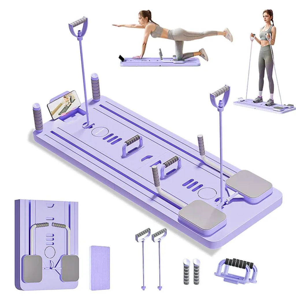 Abdos Pilates 8 en 1 - Portable - Entraîneur Abdos/Core avec Rouleau Auto-Rebond, Bandes de Résistance & Planche Réglable - Fitness Domicile