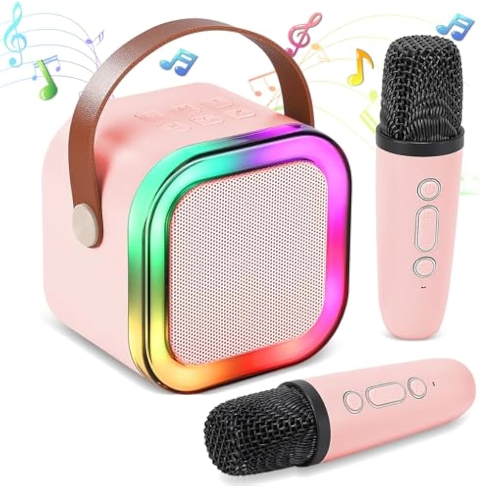 Karaoké Bluetooth portable mini haut-parleur avec 2 microphones sans fil et LED pour enfants et adultes, cadeau d'anniversaire pour garçons et filles âgés