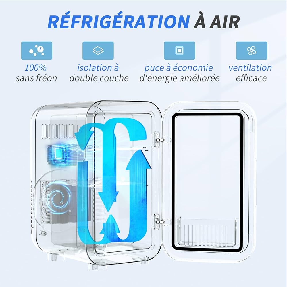 Mini Réfrigérateur 12L avec Miroir LED, Thermoelectrique Chauffe & Refroidisseur 100-240V AC / 12V DC pour Voiture, Bureau, Dortoir