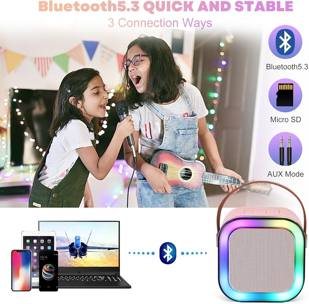 Karaoké Bluetooth portable mini haut-parleur avec 2 microphones sans fil et LED pour enfants et adultes, cadeau d'anniversaire pour garçons et filles âgés