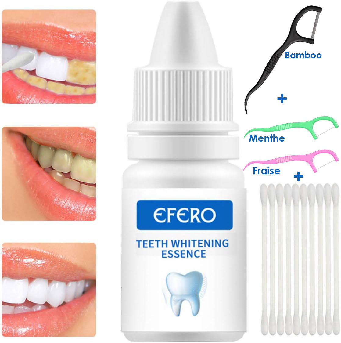 Pack de blanchiment des Dents EFERO Sérum Hygiène Plaque Retains 10 ML avec deux types de fil dentaire et 40 cotons-tiges, Dents Plus Blanches avec Un sac à cordon