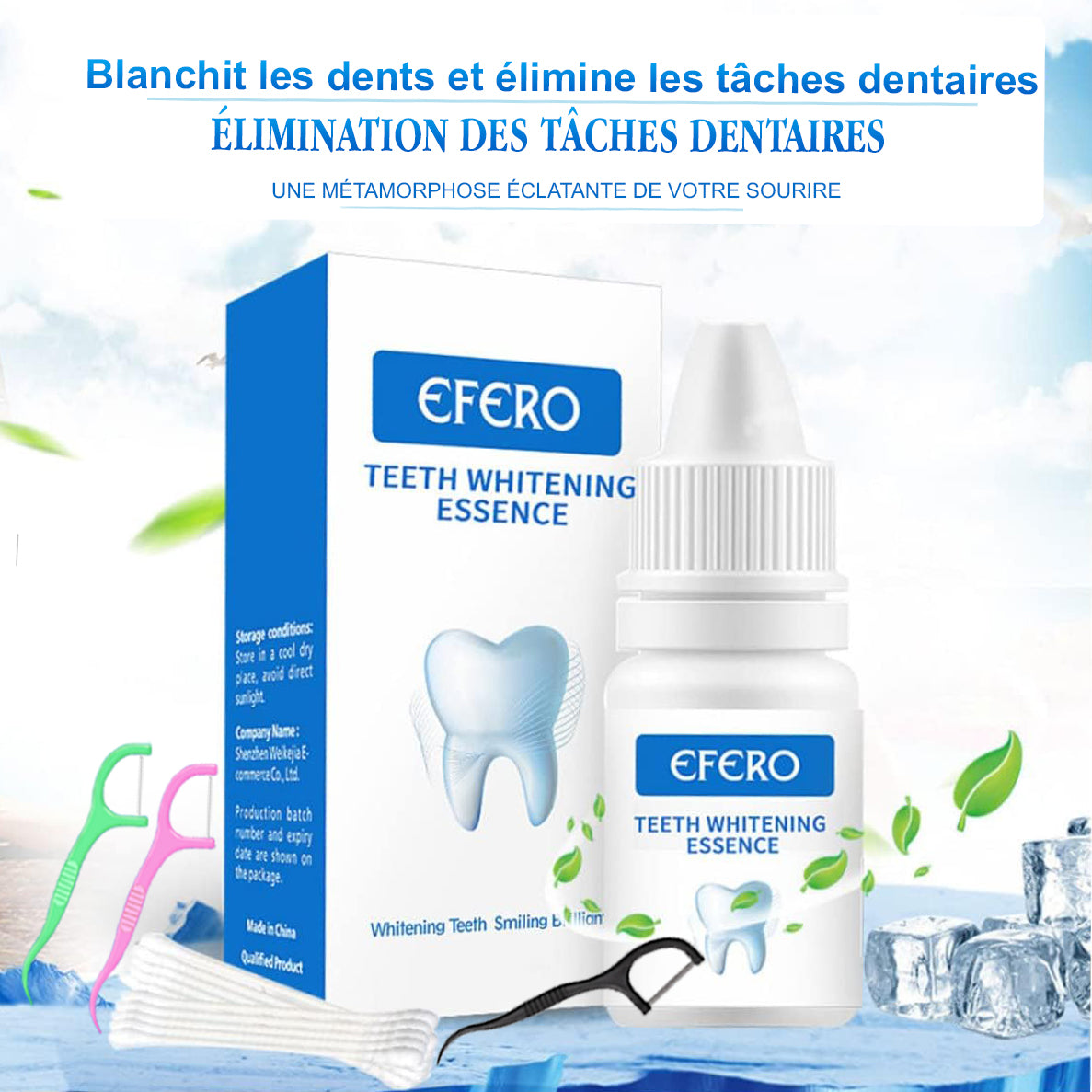 Pack de blanchiment des Dents EFERO 10 ML avec deux types de fil dentaire(7 Fils dentaires) + 40 cotons-tiges, avec Un sac à cordon